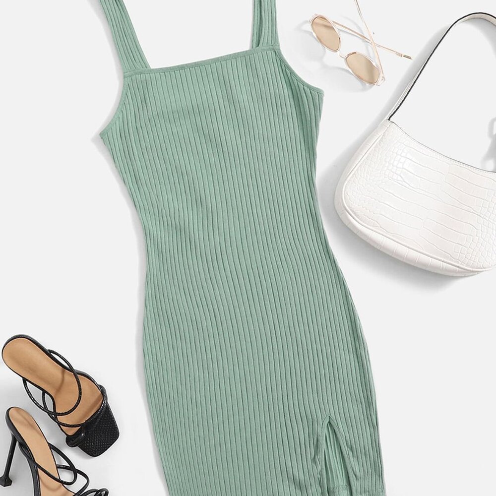 Green Ribbed Tank Mini Dress - Picture 2 of 5